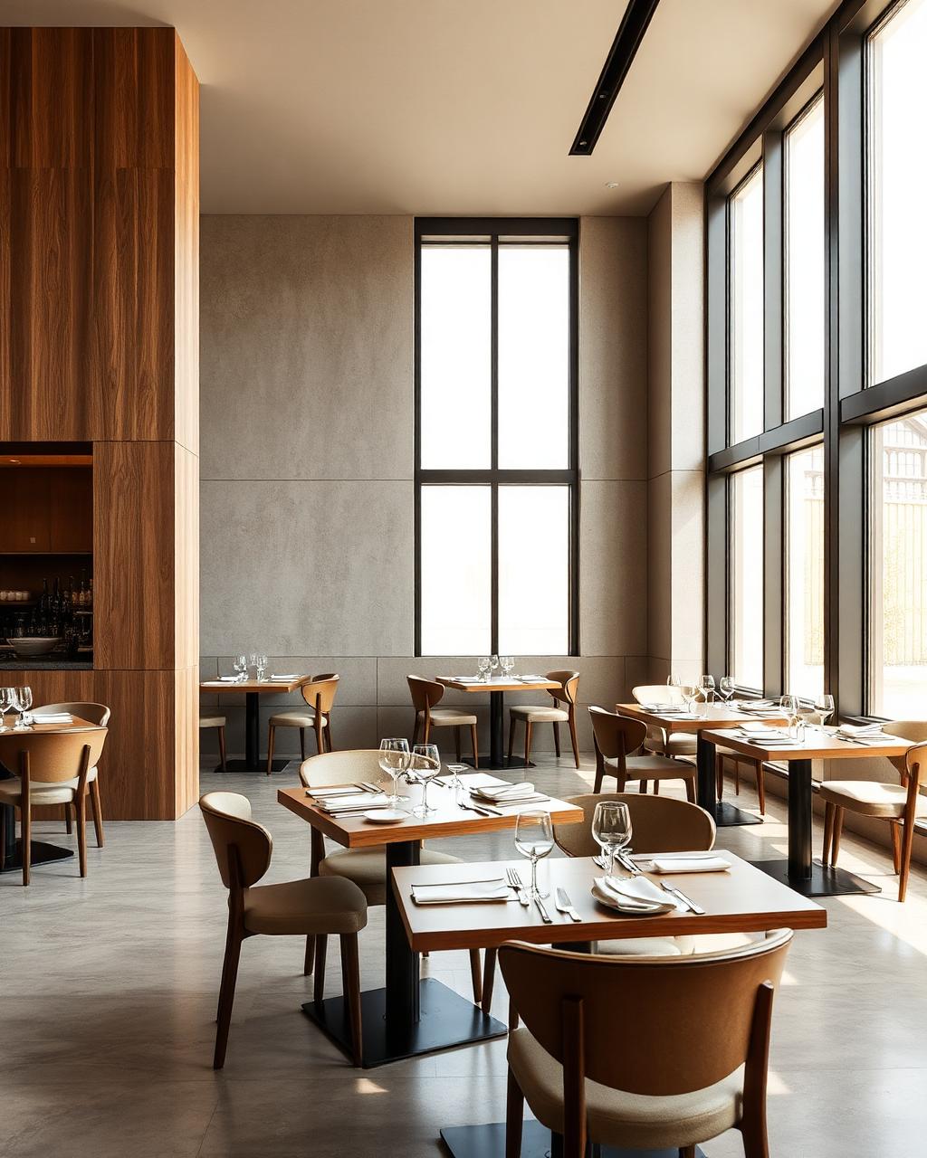 Sunlit modern restaurant interior with warm wood and linen